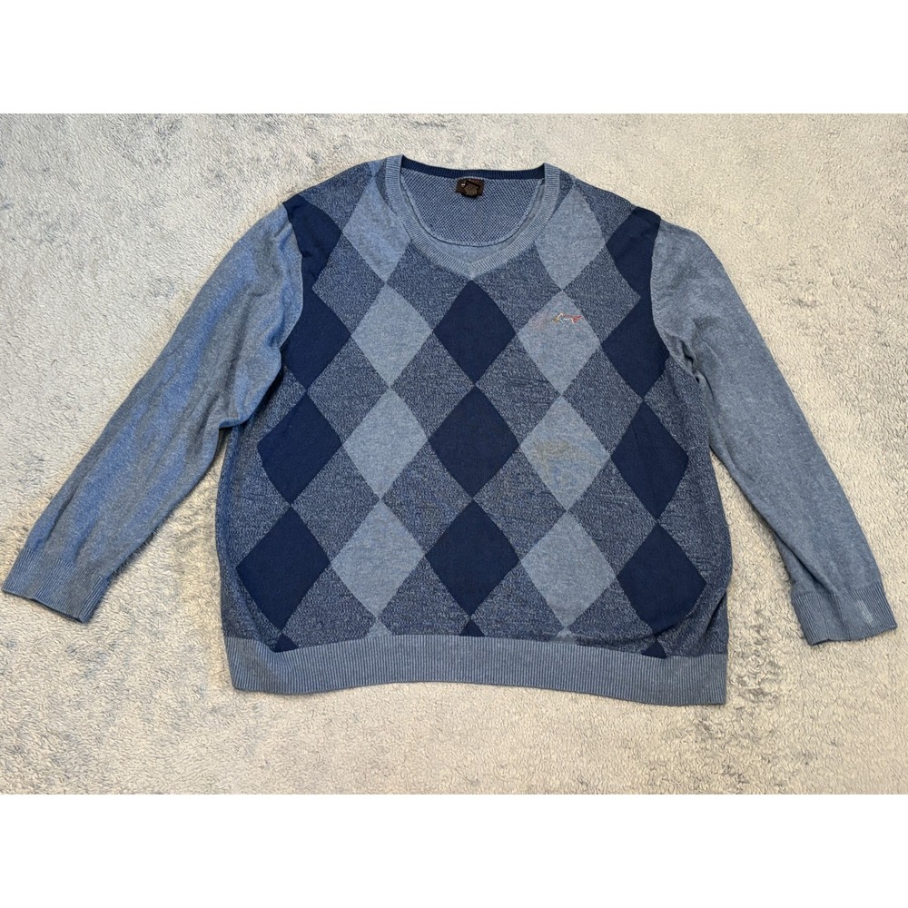 Greg Norman Argyle V-Neck Sweater Mens XL Blue Golf Pullover Long Sleeve Cotton